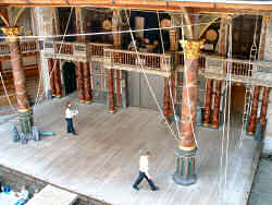 The stage of the Globe during the interval of Pericles showing the many ropes used by the aerialists